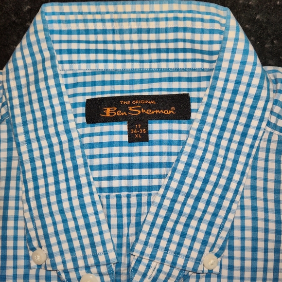 Ben Sherman Long Sleeve Button Down Checkered Haint Blue Shirt - Picture 2 of 9